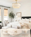 Boho Fandelier Ceiling Fan with Light, Gold Chandelier Fan and Remote above a bed in a modern bedroom setting.
