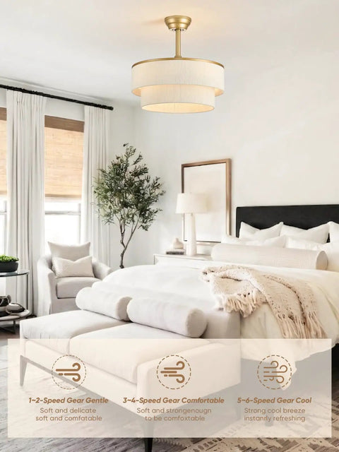 Boho Fandelier Ceiling Fan with Light, Gold Chandelier Fan and Remote above a bed in a modern bedroom setting.