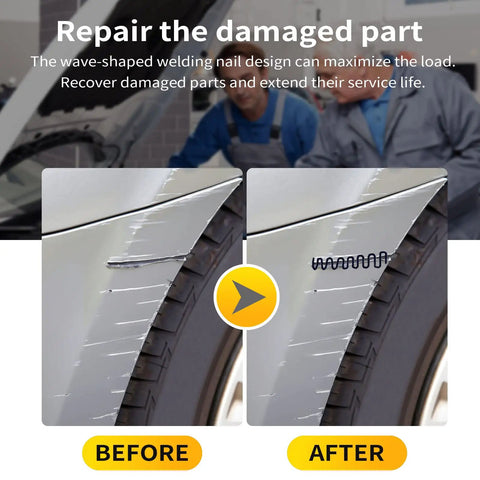 Upgraded 100W Hot Stapler Gun Plastic Welder Kit for car bumper repair showing crack fix with wave-shaped staples before and after