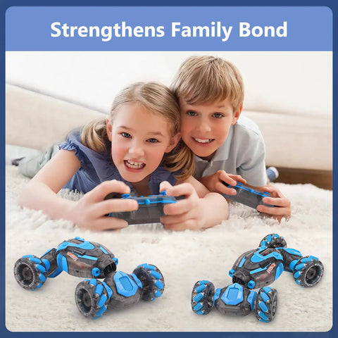 Kids playing with Sensing RC Stunt Car For Kids With 2.4GHz Hand Remote, Gravity Sensing Watch Control, cars on a soft surface