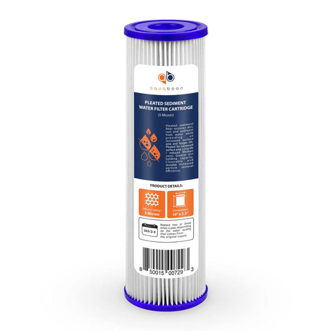 5 Micron Pleated Sediment Filter Cartridge For Whole House Well Water, 10x2.5 Inch Replacement Filter, 6 Pack, product label