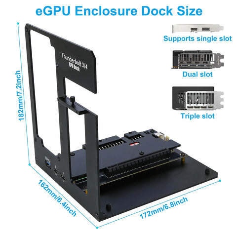 Upgrade Your Laptop Setup With This Beefy Thunderbolt 3 And Usb4 Egpu Dock That Crushes Nvidia And Amd Graphics Tasks While Dishing Pd 85w Fast Charging For Serious Desktop Power On The Move. Image shows a Thunderbolt 3 eGPU dock with dimensions and slot types.