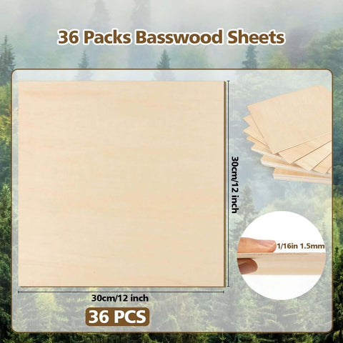 Front view basswood sheet, 30×30 cm (12×12 in), 1/16 in (1.5 mm) thick, 36-piece DIY craft pack