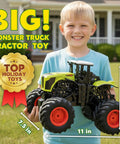 Big Monster Truck Tractor RC Toy For Kids 1 To 16 Scale With Lights And Sounds 2.4 GHz Remote Control Car held by smiling boy