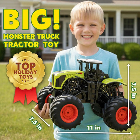 Big Monster Truck Tractor RC Toy For Kids 1 To 16 Scale With Lights And Sounds 2.4 GHz Remote Control Car held by smiling boy