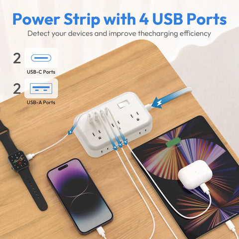 Flat Plug Power Strip With 10 Ft Cord, 6 Outlets And 4 USB Ports, Overload Protected Extension Cord For Indoor Use