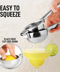 Go-To Stainless Steel Lemon Squeezer, Heavy Duty Manual Citrus Press And Lime Juicer in use with lemon, showing juice extraction