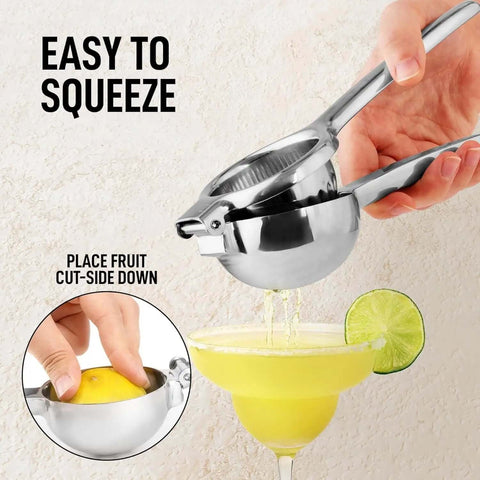 Go-To Stainless Steel Lemon Squeezer, Heavy Duty Manual Citrus Press And Lime Juicer in use with lemon, showing juice extraction