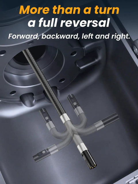Two Way Articulating Borescope Endoscope Camera With Light Dual Lens 1080P tool showing flexible probe articulation in pipe