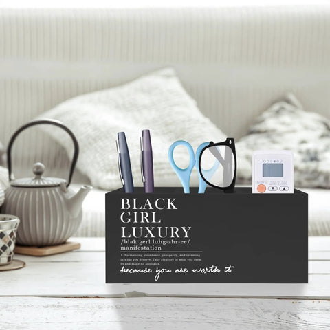 Black Girl Luxury Inspirational Pen And Pencil Holder For Desk, three compartment organizer with positive affirmations.