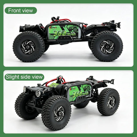 Front and side views of RC car with Two Pack 7.4V 360mAh LiPo Battery 2S With PH2.0 Plug And Aluminum Side Plate For RC Cars And Crawlers.
