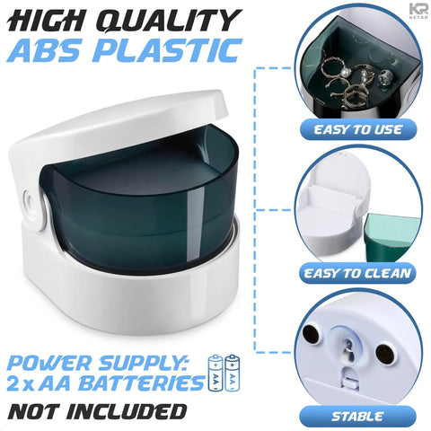Cordless Jewelry And Denture Cleaner, Portable Battery Powered Vibrating Cleaner For Rings, Necklaces, Coins And Dentures, Great For Home Or Professional Use, Cleans In Minutes With Up To 5800 Vibrations Per Minute. White ABS plastic with dark tank