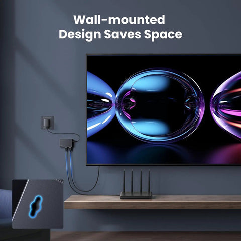 UGREEN Ethernet Switch, 5 Port Gigabit Ethernet Splitter wall-mounted by TV, compact design with cables connected for space-saving use