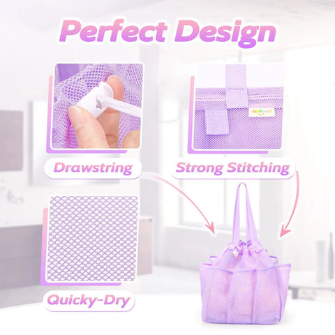 Mesh Shower Caddy With Drawstring Closure Portable Organizer For Dorm Rooms Gym Travel Camping Swimming And Bathroom Essentials 11x9.9x9.9 Inches 8 Pockets showing drawstring, stitching, and quick-dry material