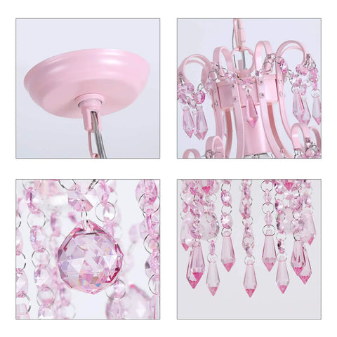 Modern Pink Mini Crystal Chandelier close-up, showing pink electroplate chrome fixture and sparkling real crystal parts