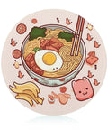 Circular glass illustration with noodles, egg, and playful icons; Tempered Glass Cutting Board Counter Protector For Kitchen Home Office And Travel