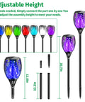 Outdoor RGB Solar Flame Lights 4 Pack with Seven Color Flickering Fire Effect showing adjustable telescoping shaft and waterproof design.