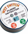 Wet Switch Flood Detector with Hydrophilic Pad and Integrated Feet, shows front panel with controls and lights, 8 x 1.55 x 9.6 inches.
