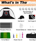 Portable Golf Hitting Net 10x7ft With Durable Fiberglass Frame And Silent Target for indoor outdoor training includes accessories.