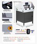 VEVOR Heavy Duty Electric Paper Cutter With 19 Inch Cutting Width And 3 Inch Depth Cuts Up To 800 Sheets Effortlessly showing dimensions and features.