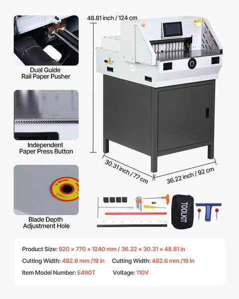 VEVOR Heavy Duty Electric Paper Cutter With 19 Inch Cutting Width And 3 Inch Depth Cuts Up To 800 Sheets Effortlessly showing dimensions and features.