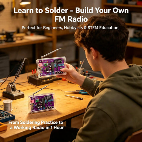Person assembling FM Radio Kit Soldering Practice Kit For DIY Electronics Lovers And Students, Hands-On Radio Building Project