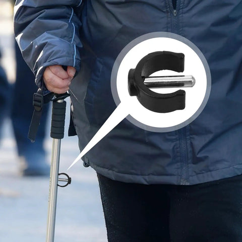 Close-up of C Shape Tube Lock Clips For Walking Sticks And Crutches, Rock Solid Secure Clamp Design on metal cane