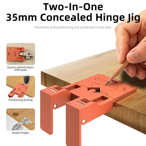 Two In One 35mm Concealed Hinge Jig With Magnetic Positioning Stopper And Gap Adjuster For Cabinets used on wood surface