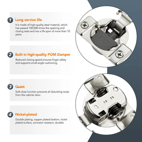 Close-up of satin-nickel concealed cabinet hinge with 1/2-in overlay and soft-close damper