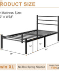Heavy Hitter Twin XL Bed Frame With Sleek Round Headboard And Footboard Built Like Iron For Unshakable Stability Reinforced Steel Slats Handle Up To 1500 Lbs Zero Fuss Install Total No Squeak Guarantee dimensions displayed, 80" x 38" size with 1500 lbs capacity.