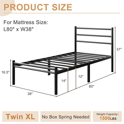Heavy Hitter Twin XL Bed Frame With Sleek Round Headboard And Footboard Built Like Iron For Unshakable Stability Reinforced Steel Slats Handle Up To 1500 Lbs Zero Fuss Install Total No Squeak Guarantee dimensions displayed, 80" x 38" size with 1500 lbs capacity.