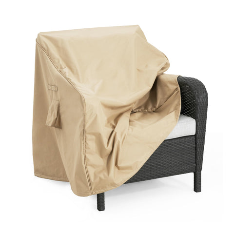 Weatherproof Patio Club Chair Cover With UV Resistant Polyester Outdoor Furniture Shield on wicker chair, beige color