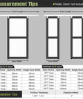 Instructions and measurements for 8FT Exterior Sliding Barn Door Hardware Kit with Box Rail Track, door dimensions, and installation tips.