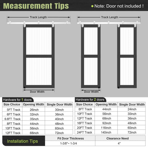 Instructions and measurements for 8FT Exterior Sliding Barn Door Hardware Kit with Box Rail Track, door dimensions, and installation tips.