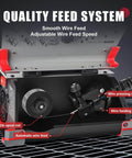 Close-up of 140 Amp MIG Welder Workhorse wire feed system with spool roll and wire pressing wheel inside open compartment.