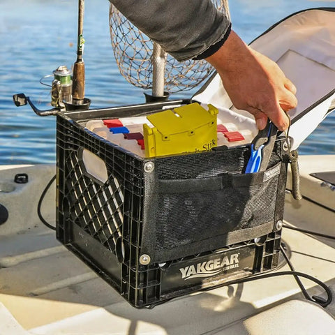 Heavy Duty Kayak Fishing Storage Crate With Double Rod Holder Accessory Pouch Anchor Kit Utility Leashes For Hella Solid Paddle Craft Organization And Fishin Ready Angler Setup in use with tackle box