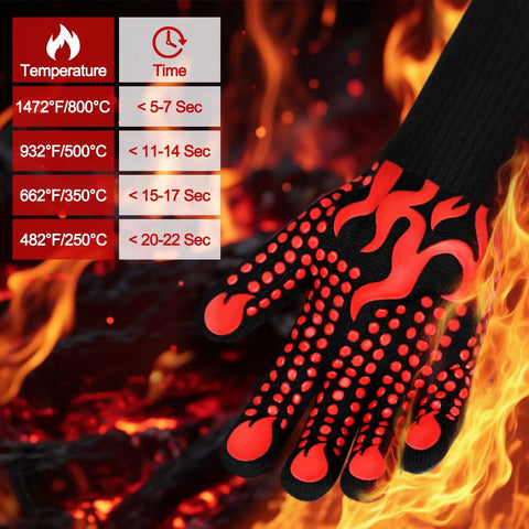 BBQ Gloves Heat Resistant Up To 1472 Fahrenheit Silicone Non Slip Long Kitchen Gloves for grilling close-up with flame design