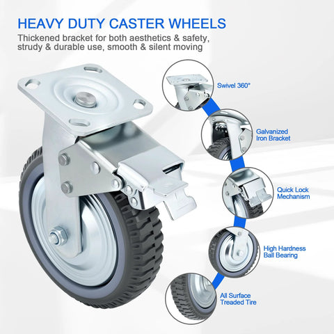 Detailed view of 8 Inch Heavy Duty Caster Wheels Set With 2 Braked Swivel Casters And 2 Fixed Industrial Plate Casters Total Capacity 3500 Lbs 1600 Kg
