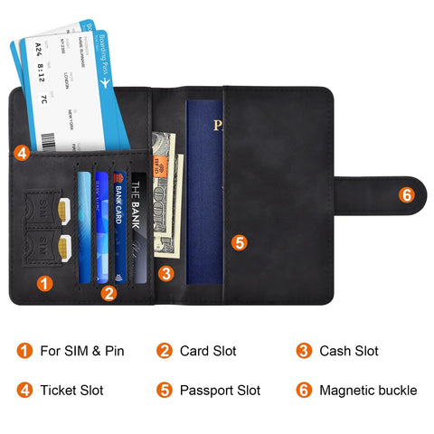 Must Have Passport Wallet With Magnetic Button Closure For Travel Essentials A Sleek Black Passport Book Holder open showing slots