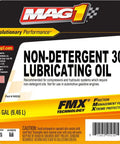 Non Detergent 30 Lubricating Oil label, 2.5-gallon industrial grade for compressors and hydraulic systems, FMX technology