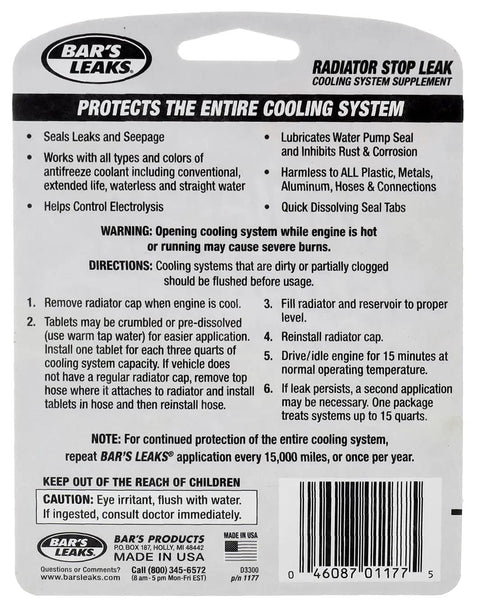Back label of Radiator Stop Leak Tablets Professional Strength Formula Seals Leaks Inhibits Rust And Scale Neutralizes pH Imbalance Controls Electrolysis Lubricates And Seals Internal And External Leaks Fits Most Vehicles 1.76oz