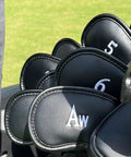 Premium Magnetic Leather Golf Club Head Covers for Irons and Wedges, Set of 10 with embroidered numbers in golf bag