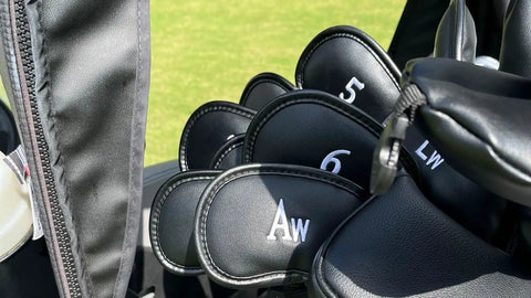 Premium Magnetic Leather Golf Club Head Covers for Irons and Wedges, Set of 10 with embroidered numbers in golf bag