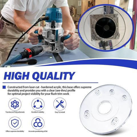 Dead Nuts Accurate Palm Router Subbase With Reinforced Round Base Plate and Upgrade Mounting Screws For Bosch PR10E in use on workbench.