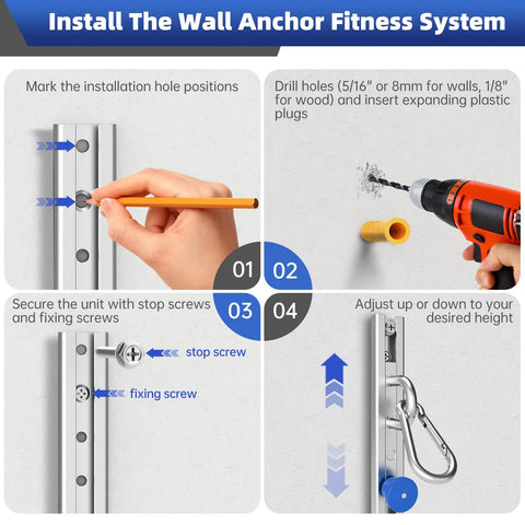 Step-by-step installation guide for Built Tough Adjustable Resistance Band Wall Anchor Mount System with durable steel bracket.