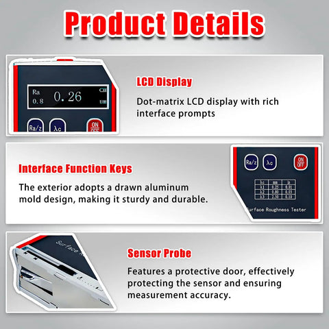 Roughness Meter Surftest Pro-Grade With 0.01μm Precision, displaying interface keys and sensor probe details.