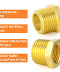 Ten Piece Brass Hex Bushing Reducer 1/2 Inch NPT Male To 1/4 Inch NPT Female Pipe Fitting shown with specifications