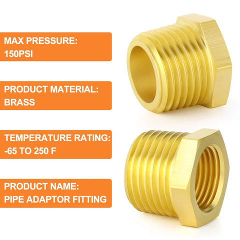 Ten Piece Brass Hex Bushing Reducer 1/2 Inch NPT Male To 1/4 Inch NPT Female Pipe Fitting shown with specifications