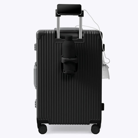 Front view of jet-black Nobl Travel zipperless suitcase with ribbed polycarbonate shell and aluminum frame, 360° wheels.