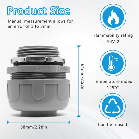 Non-Metallic Liquid Tight Conduit Connector Five Pack One And One Quarter Inch PVC Fittings Size Chart and Specifications